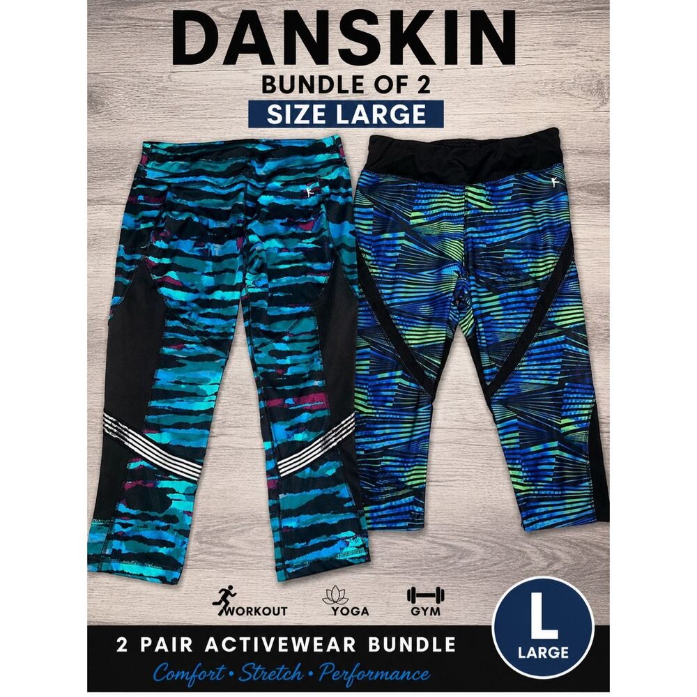 Danskin Women’s Large Capri Leggings Bundle Blue Athletic Workout Pants bundle l